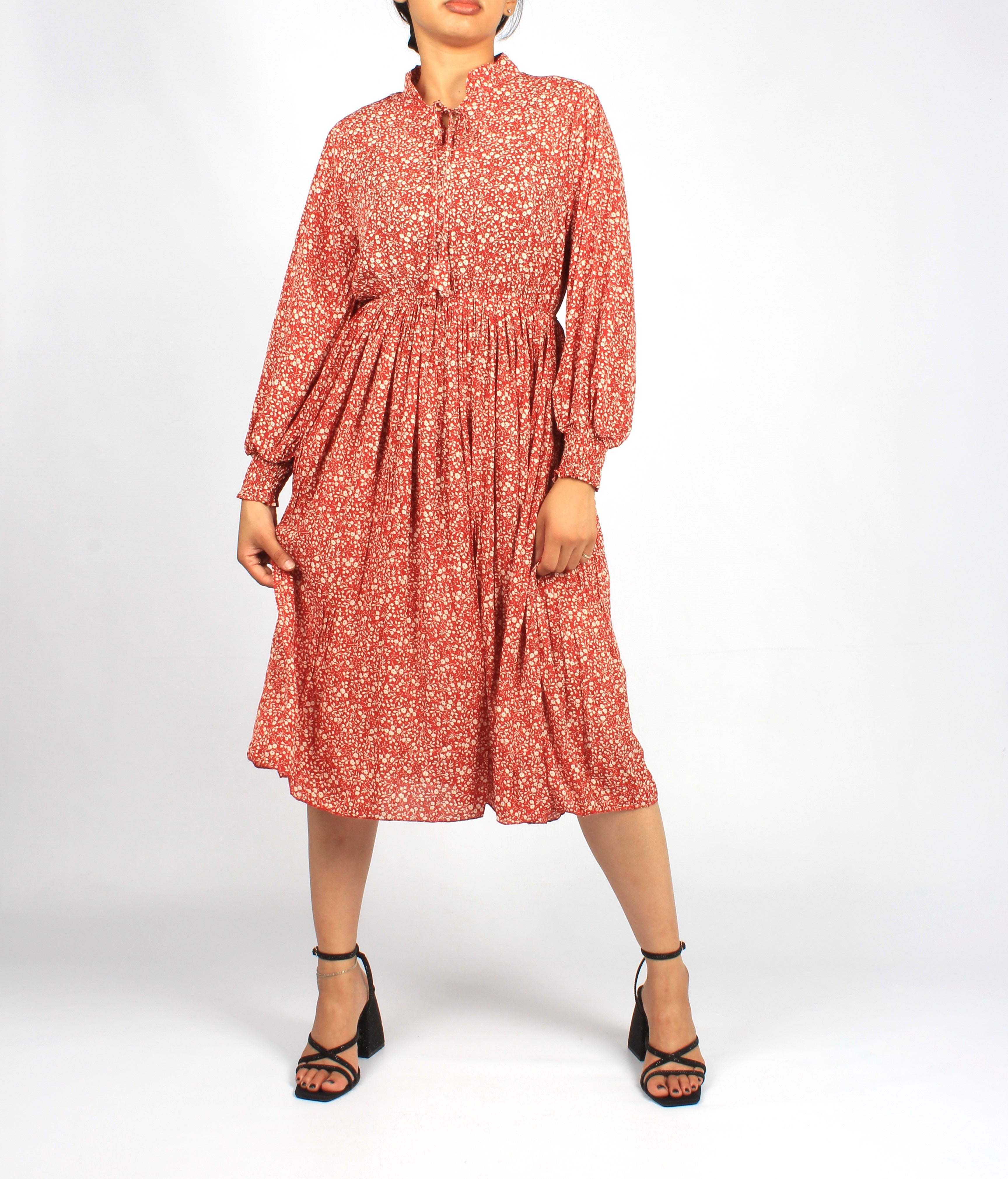 Stand-up Collar Midi Floral Dress