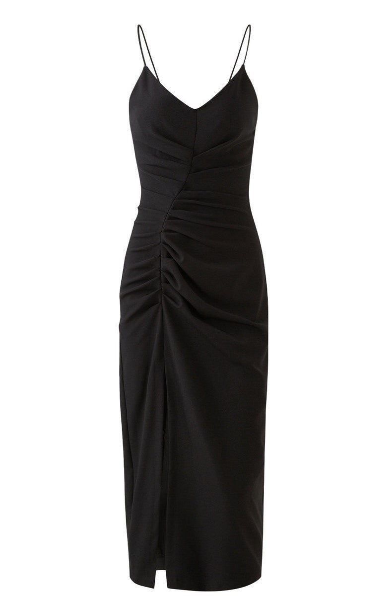 Black Spaghetti Strap Ruched Midi Dress