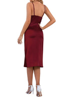 Satin Draped Cowl Neck Thigh Slit Midi Dress