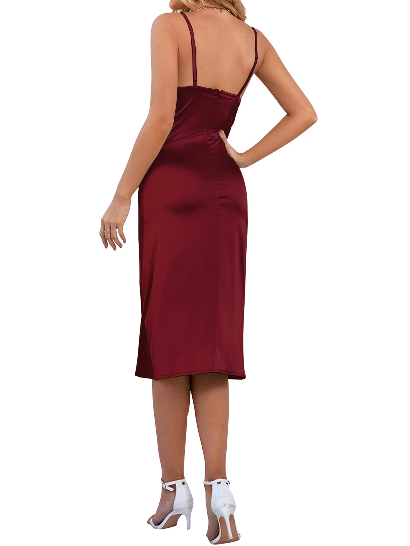 Satin Draped Cowl Neck Thigh Slit Midi Dress