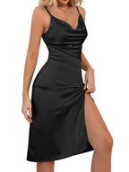 Satin Draped Cowl Neck Thigh Slit Midi Dress