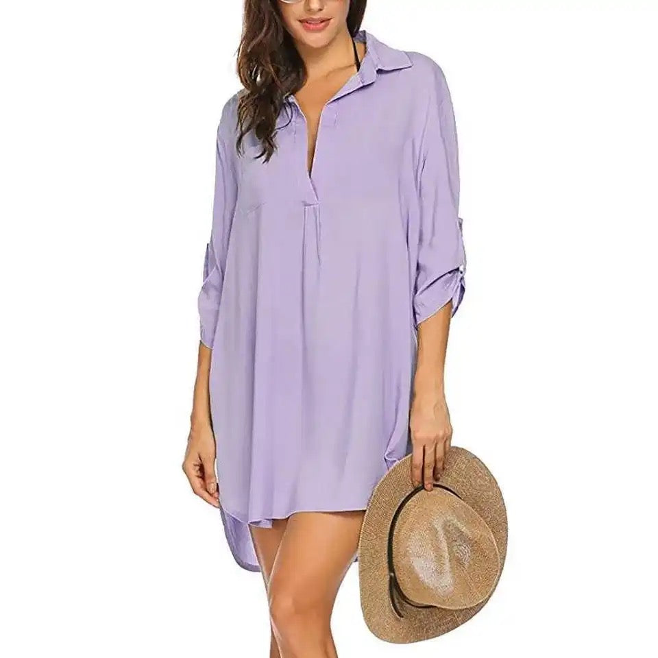 Irregular Chiffon Shirt Dress Three Quarter Sleeve XD21