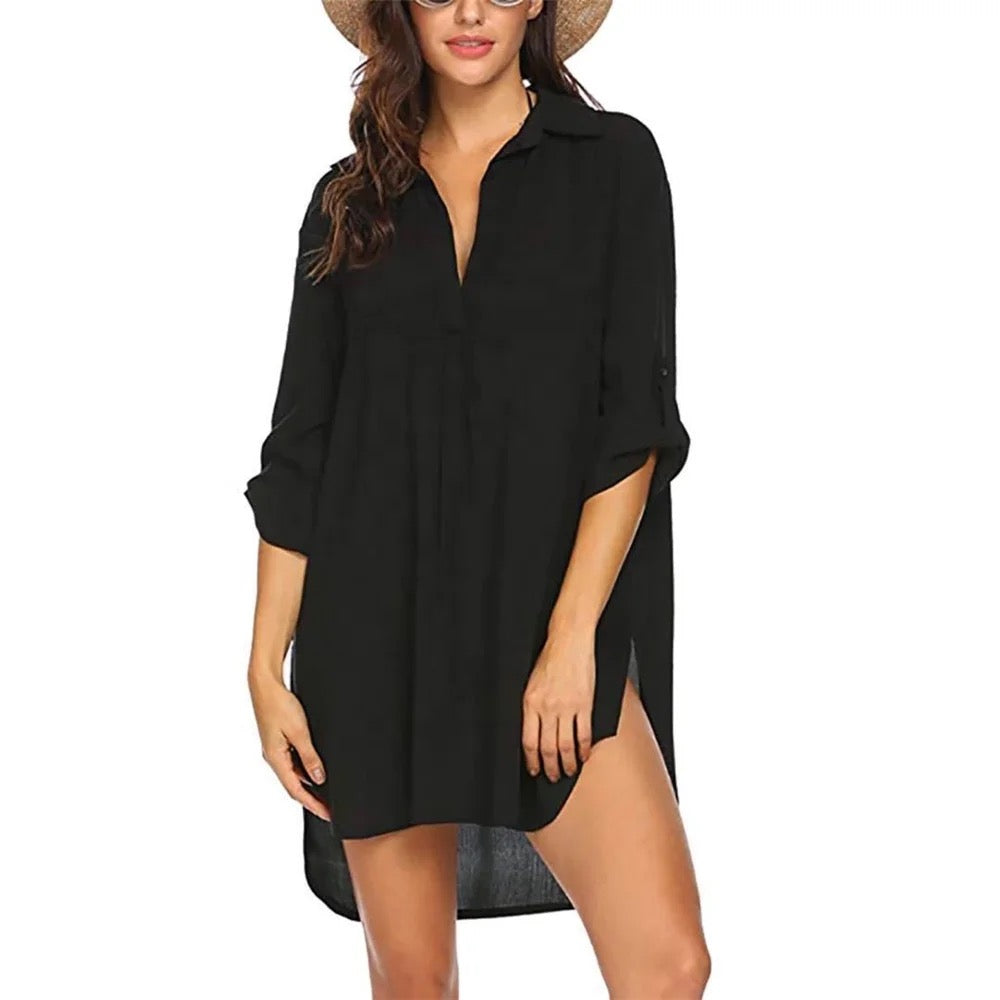 Irregular Chiffon Shirt Dress Three Quarter Sleeve XD21