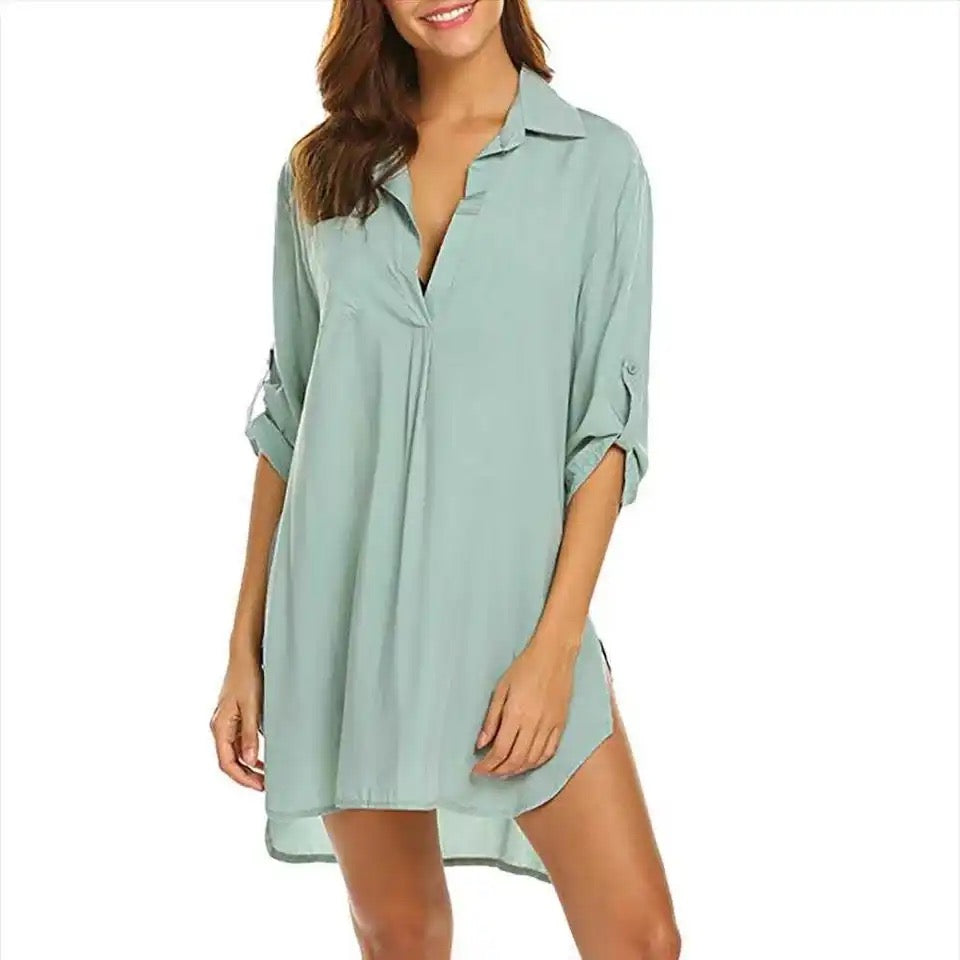 Irregular Chiffon Shirt Dress Three Quarter Sleeve XD21