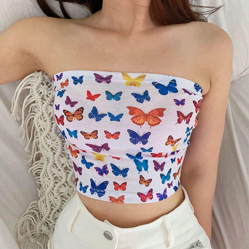 Butterfly Patterned Cropped Tube Top