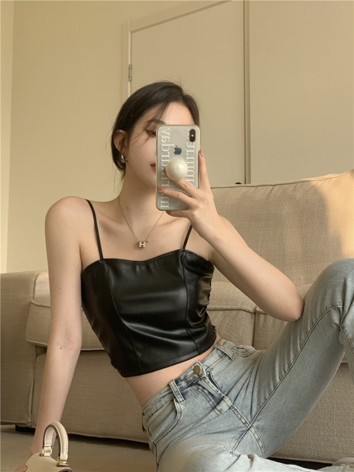 Lace Pleather Spaghetti Strap Crop Top XD21