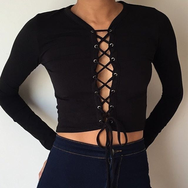 Lace Up Ribbed Knitted Crop Top XD21