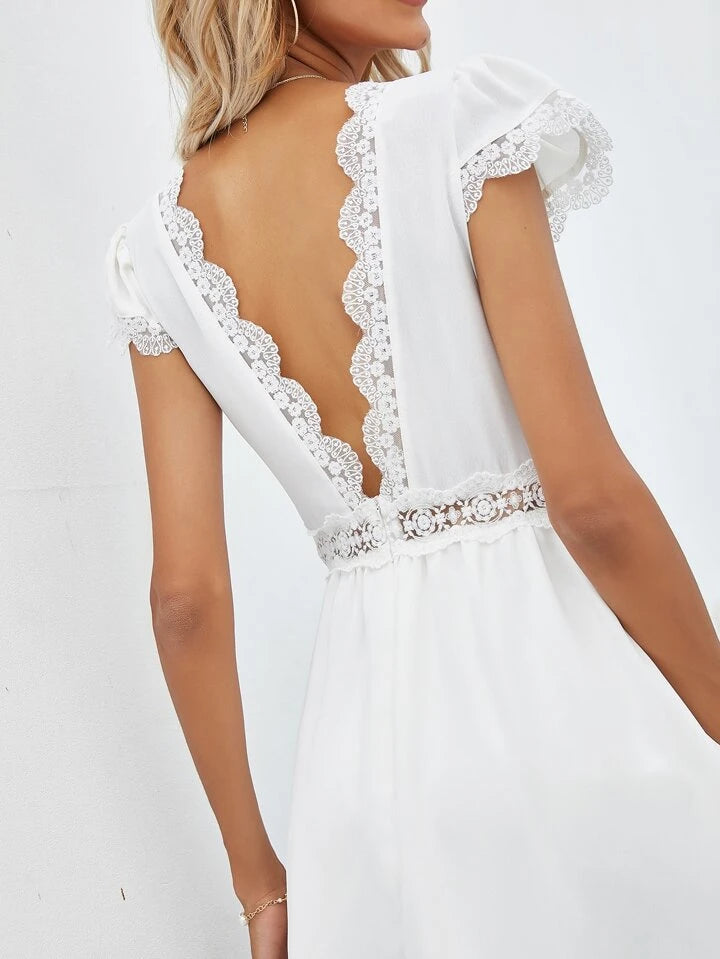 Lace V Neck Backless Mini Dress XD21