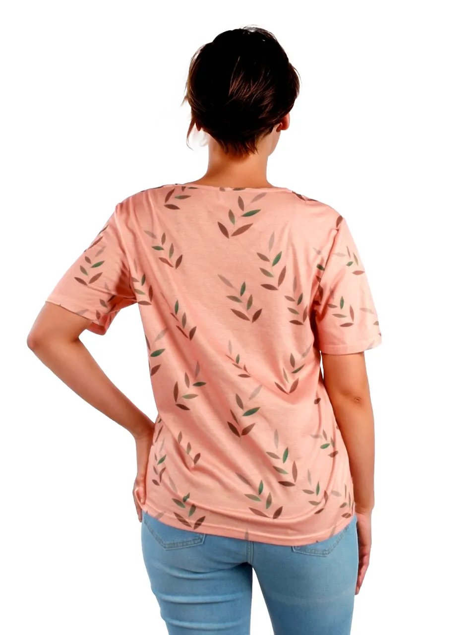 Leaf Printed V-Neck T-Shirt XD21