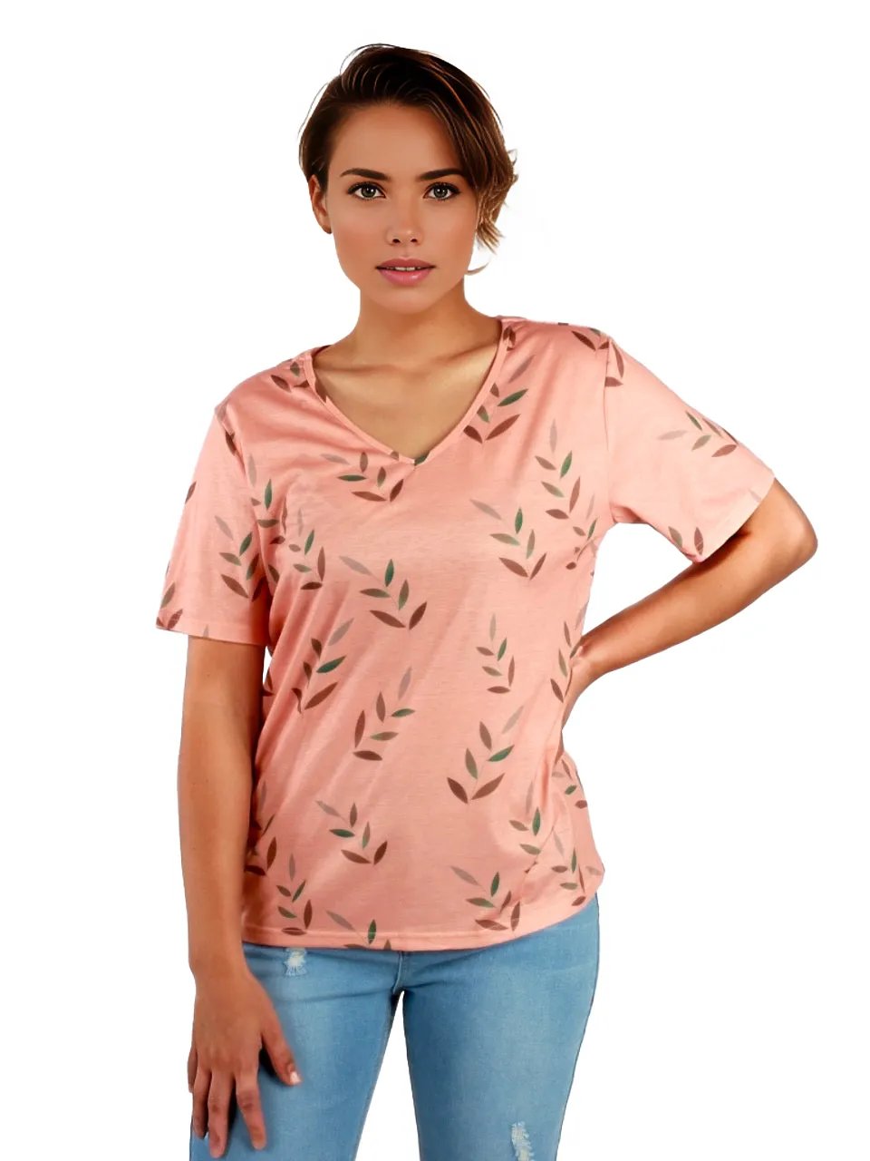 Leaf Printed V-Neck T-Shirt XD21