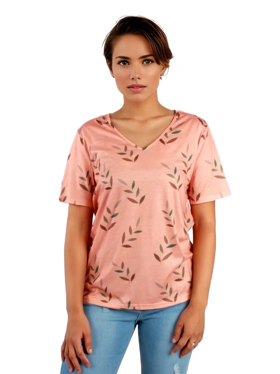 Leaf Printed V-Neck T-Shirt XD21