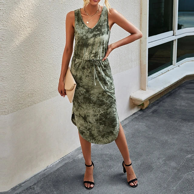Leopard Tie-Dye Printed V-Neck Dress XD21