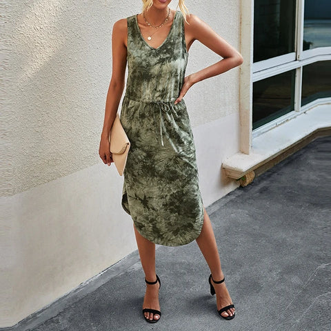 Leopard Tie-Dye Printed V-Neck Dress XD21