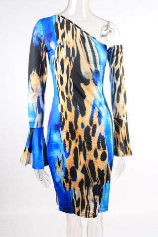 Leopard print one shoulder flare sleeve dress XD21