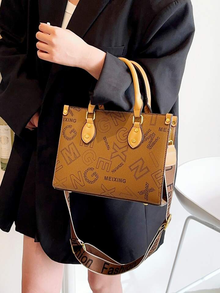 Letter Graphic Studded Decor Square Bag XD21
