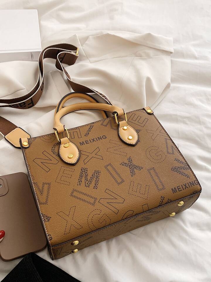 Letter Graphic Studded Decor Square Bag XD21
