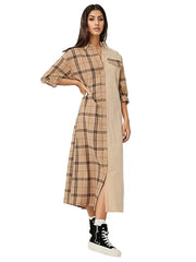 Long Plaid Two Toned Loose Shirt Dress XD21