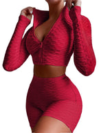 Long Sleeve Crop Top And Shorts Gym Set XD21