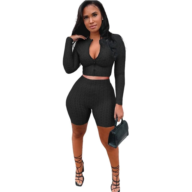 Long Sleeve Crop Top Biker Shorts Honeycomb Set XD21