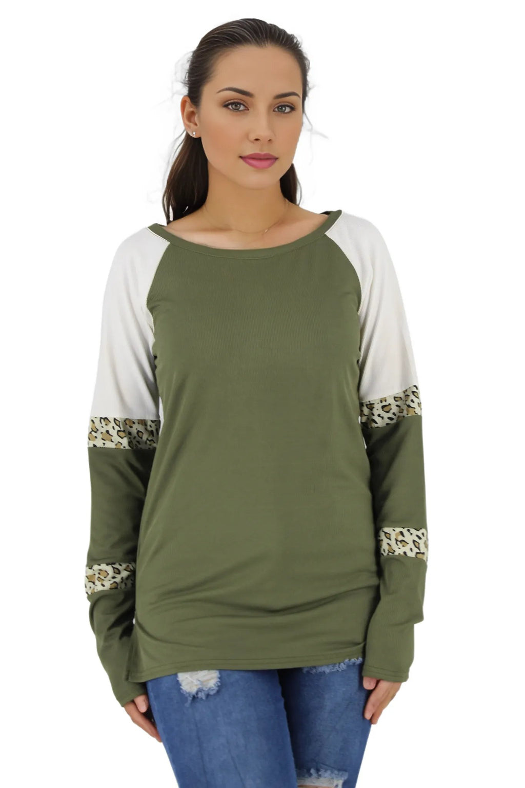 Long Sleeve Leopard Print Stripes Sweater XD21