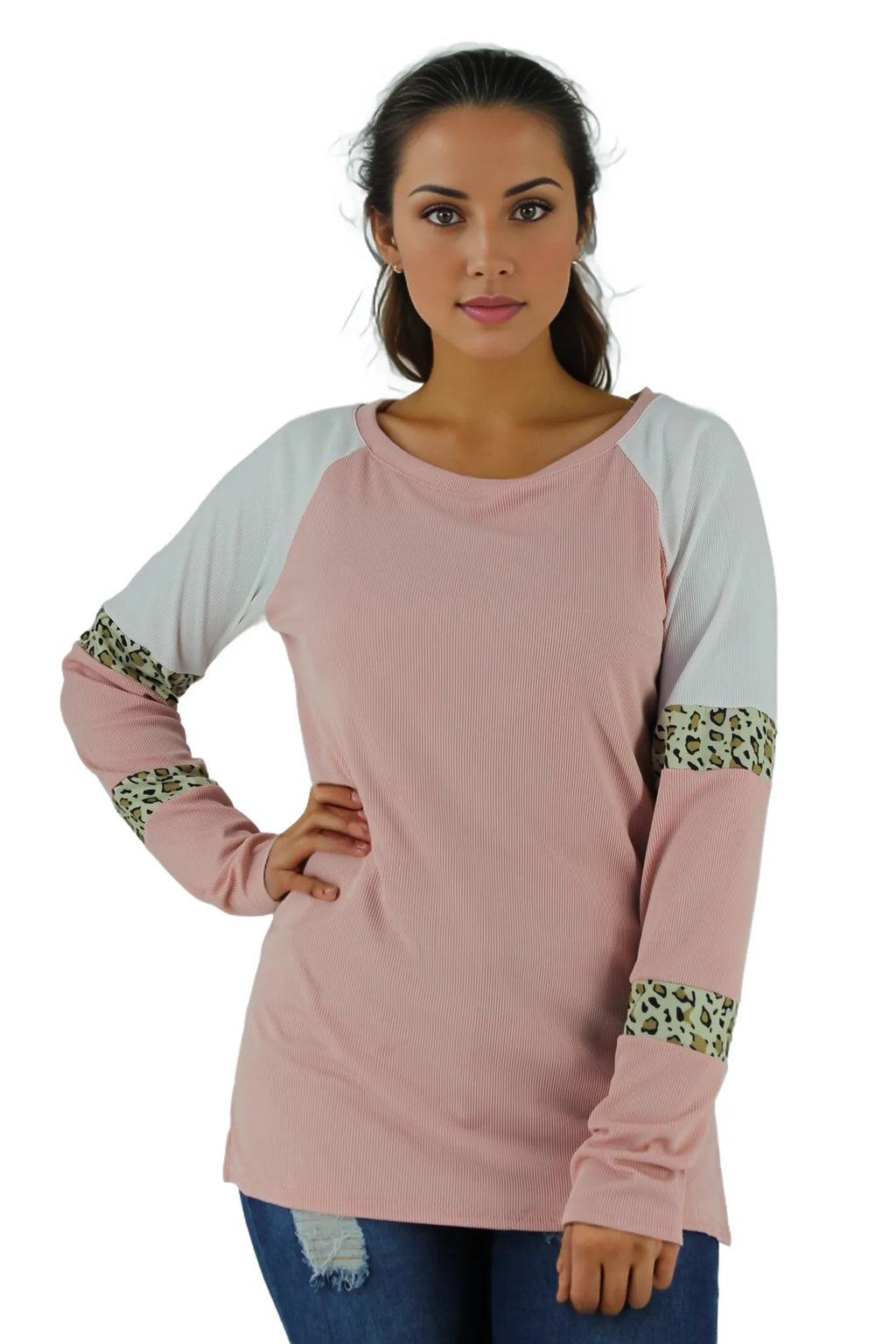 Long Sleeve Leopard Print Stripes Sweater XD21