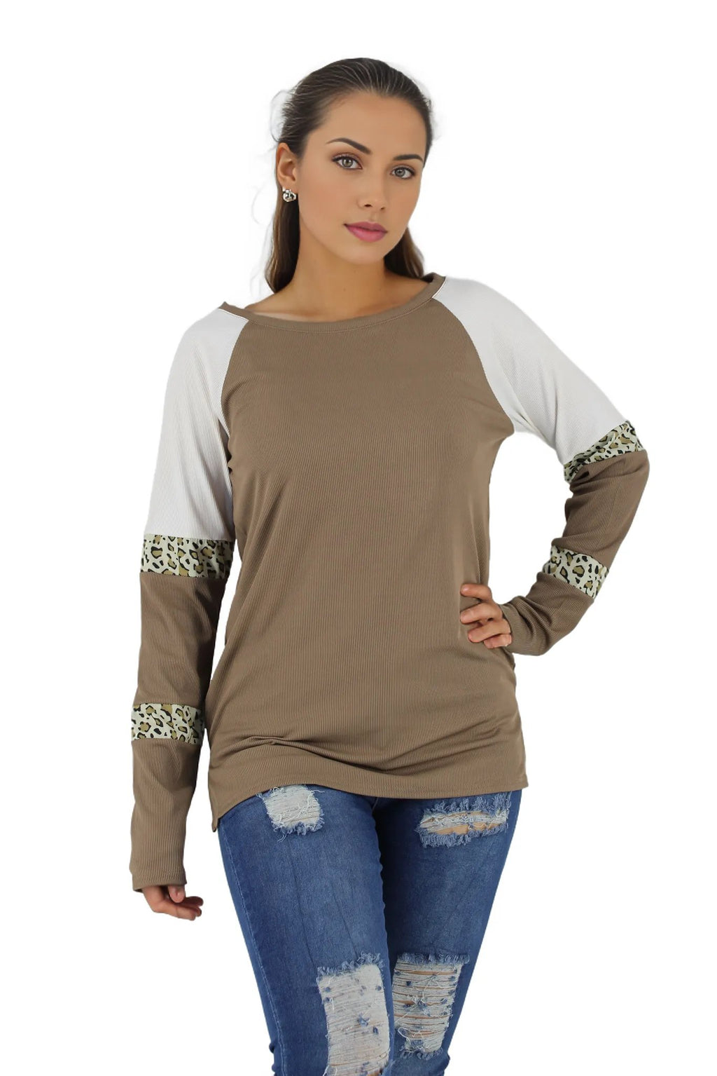 Long Sleeve Leopard Print Stripes Sweater XD21