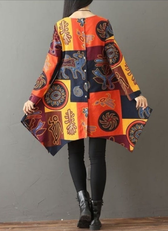 Long Sleeve Patterned Back Button Up Long Shirt Blouse XD21