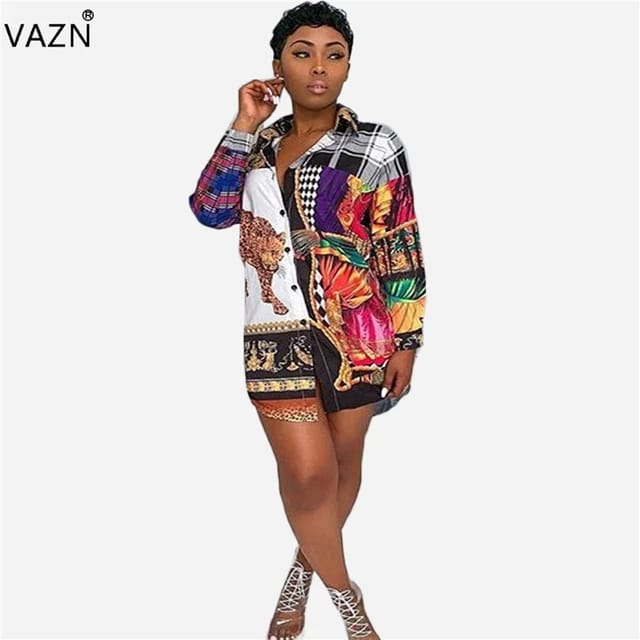 Long Sleeve Patterned High-Low Mini Shirt Dress XD21