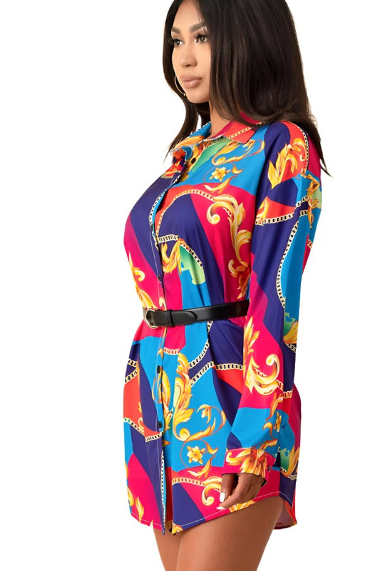 Long Sleeve Patterned High-Low Mini Shirt Dress XD21