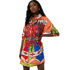 Long Sleeve Patterned High-Low Mini Shirt Dress XD21