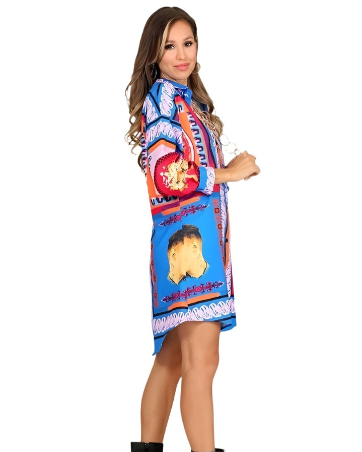 Long Sleeve Patterned High-Low Mini Shirt Dress XD21