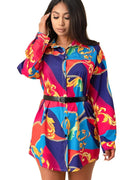 Long Sleeve Patterned High-Low Mini Shirt Dress XD21