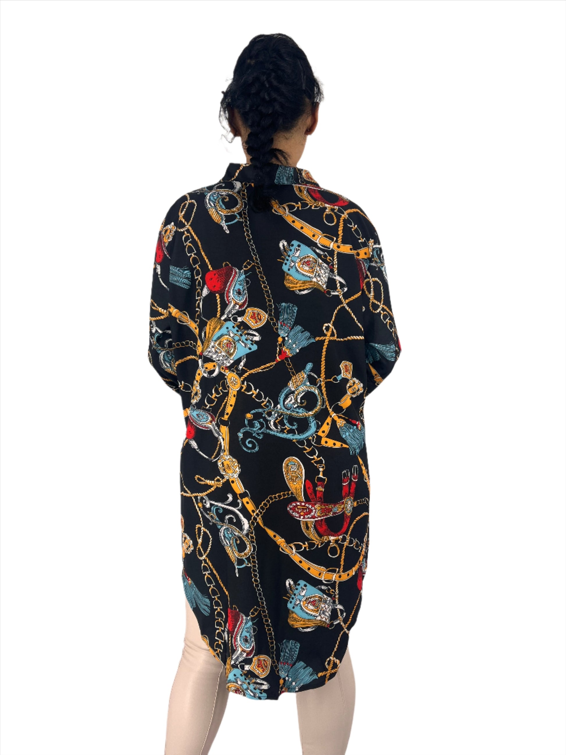 Long Sleeve Patterned High-Low Mini Shirt Dress XD21