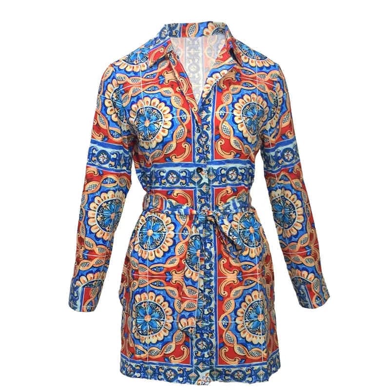 Long Sleeve Patterned Mini Shirt Dress with Matching Material Belt XD21