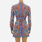 Long Sleeve Patterned Mini Shirt Dress with Matching Material Belt XD21