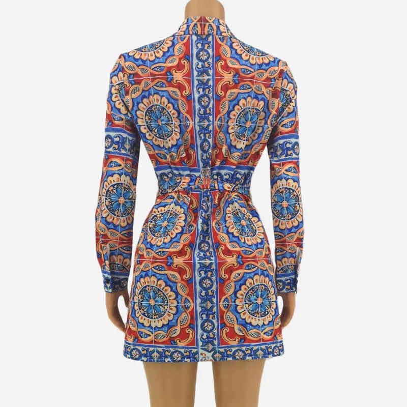 Long Sleeve Patterned Mini Shirt Dress with Matching Material Belt XD21