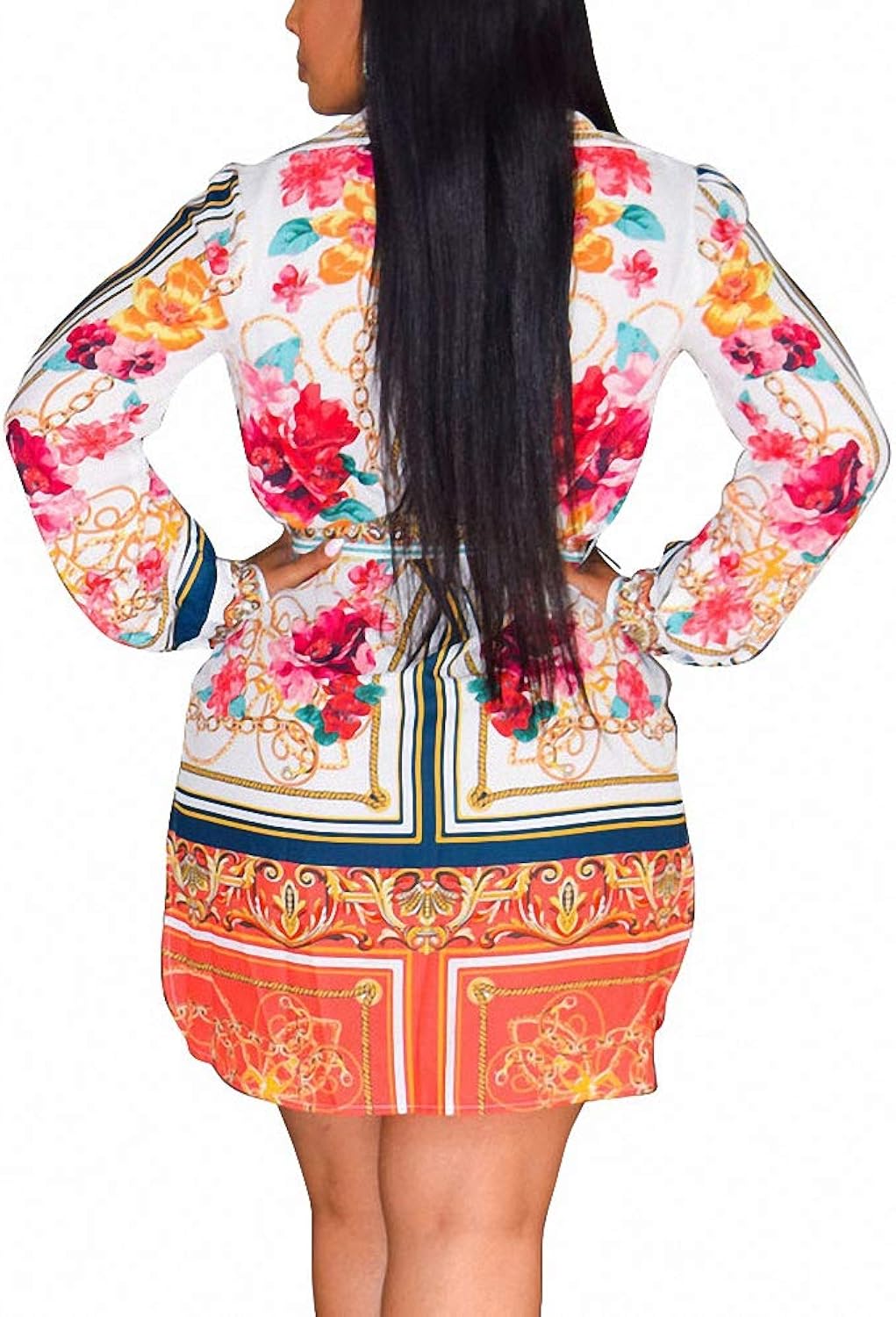 Long Sleeve Patterned Mini Shirt Dress with Matching Material Belt XD21
