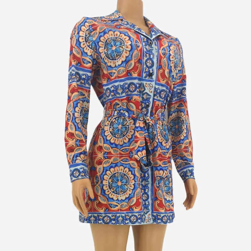 Long Sleeve Patterned Mini Shirt Dress with Matching Material Belt XD21