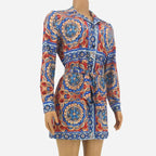 Long Sleeve Patterned Mini Shirt Dress with Matching Material Belt XD21