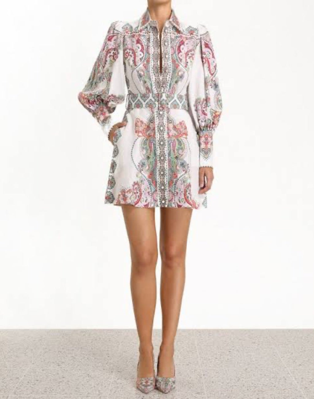 Long Sleeve Patterned Mini Shirt Dress with Matching Material Belt XD21