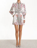 Long Sleeve Patterned Mini Shirt Dress with Matching Material Belt XD21