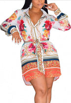Long Sleeve Patterned Mini Shirt Dress with Matching Material Belt XD21