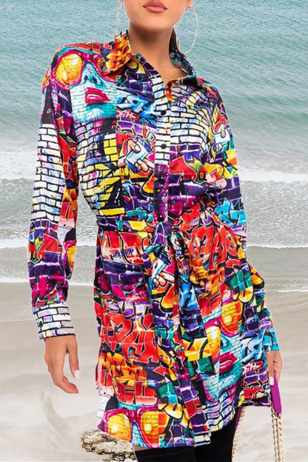 Long Sleeve Patterned Mini Shirt Dress with Matching Material Belt XD21