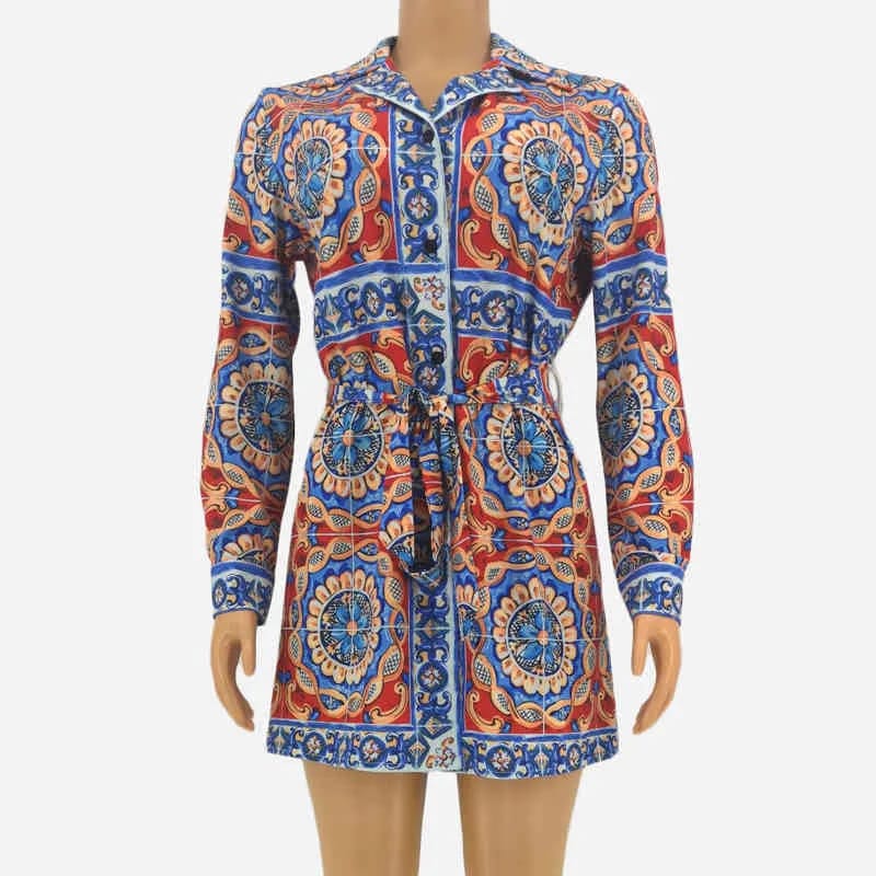 Long Sleeve Patterned Mini Shirt Dress with Matching Material Belt XD21