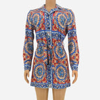 Long Sleeve Patterned Mini Shirt Dress with Matching Material Belt XD21