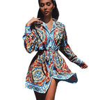 Long Sleeve Patterned Mini Shirt Dress with Matching Material Belt XD21