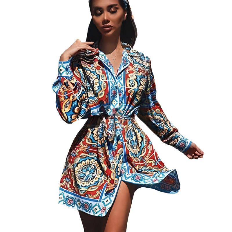 Long Sleeve Patterned Mini Shirt Dress with Matching Material Belt XD21