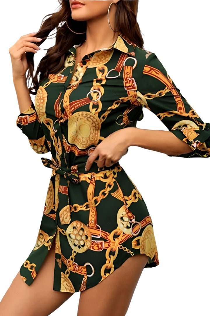 Long Sleeve Patterned Mini Shirt Dress with Matching Material Belt XD21