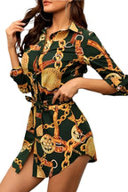 Long Sleeve Patterned Mini Shirt Dress with Matching Material Belt XD21