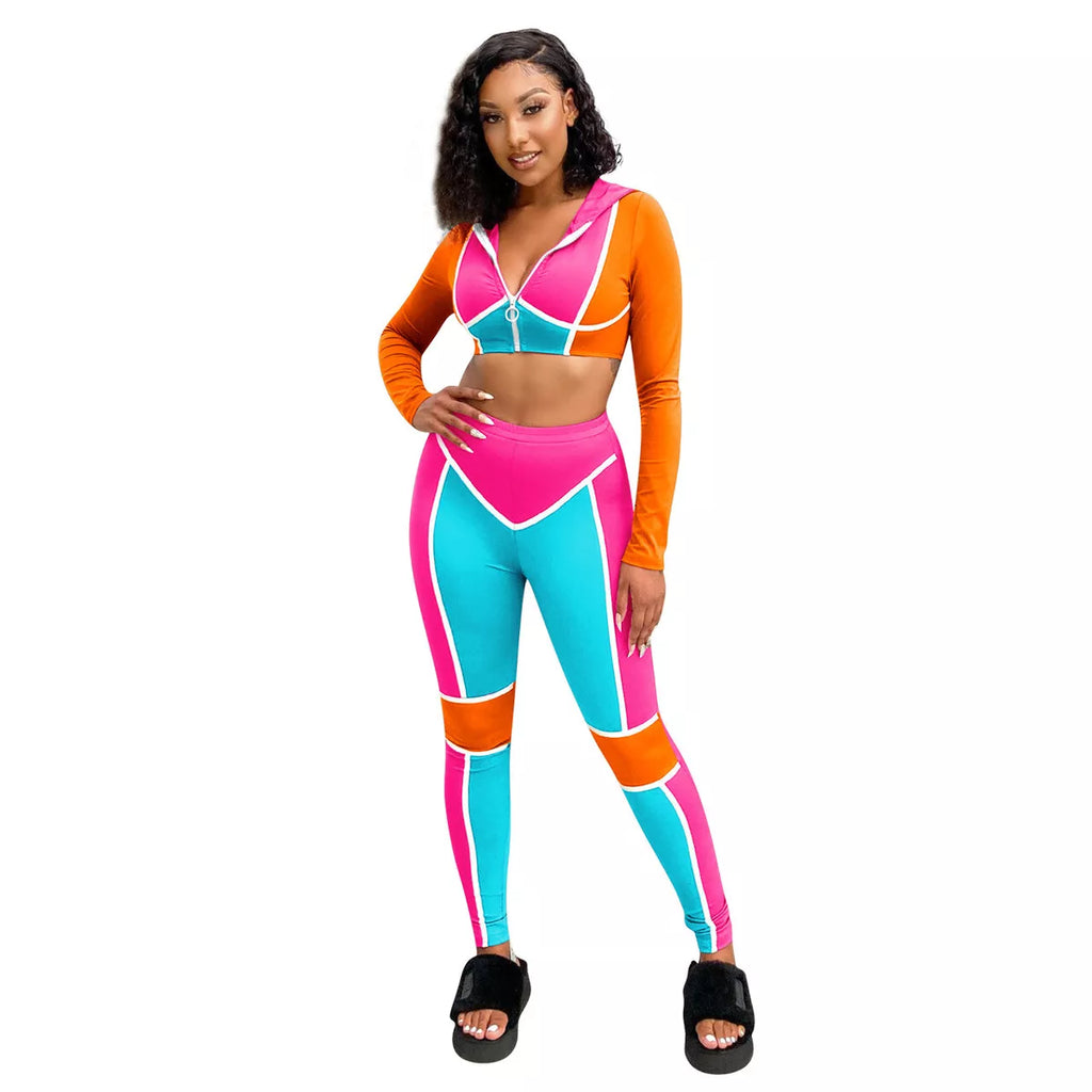 Long Sleeves Zipper Color Block Hooded Bodycon Jumpsuit 2pcs XD21